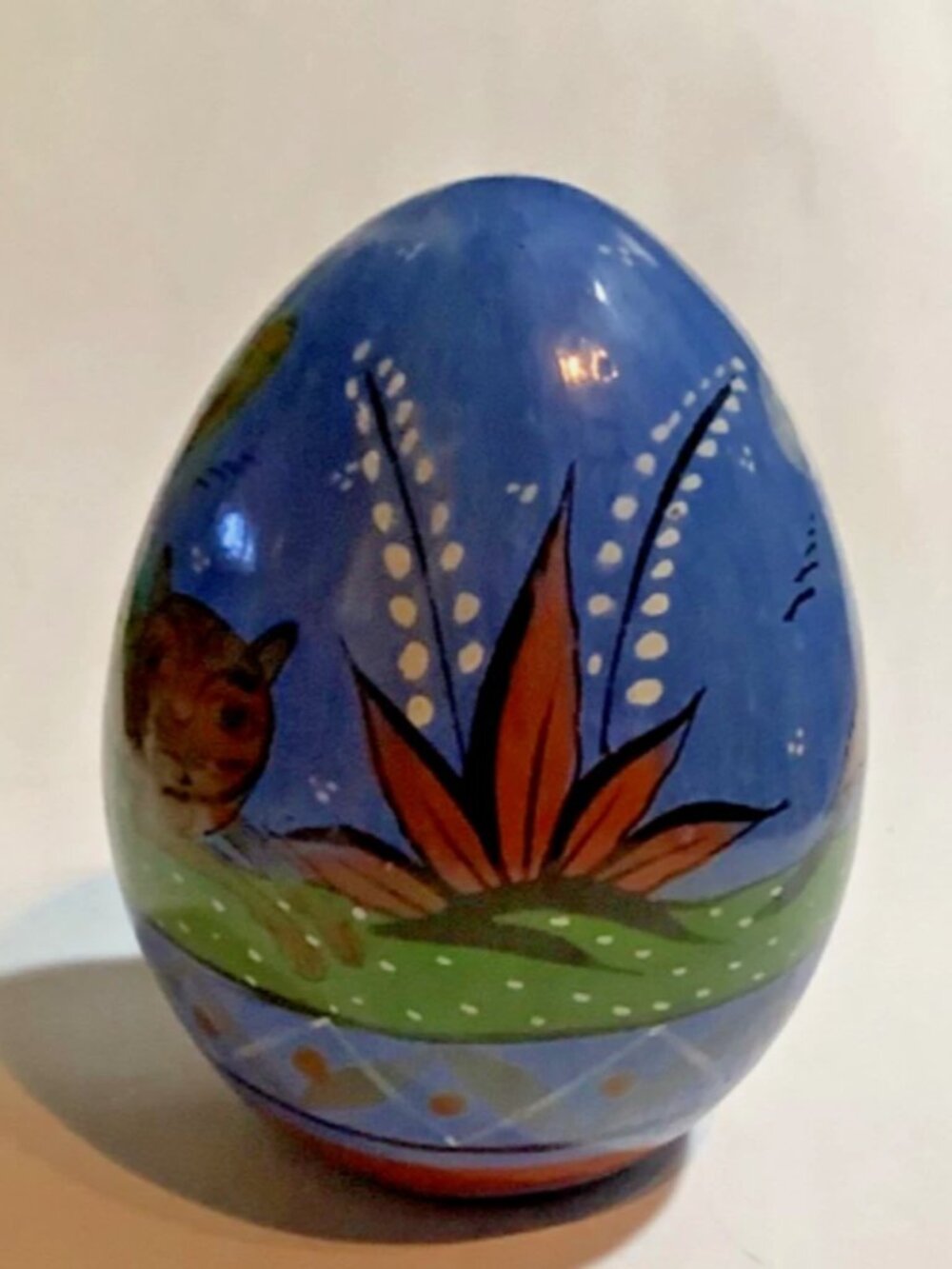 Vintage Hand Painted Blue Ceramic Egg Mexican - Southwest Folk Art Floral